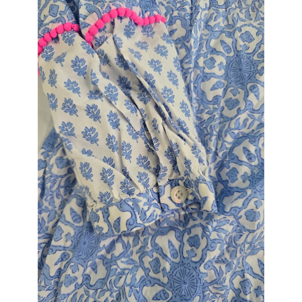 Vineyard Vines Blue White Block Print Pom Pom Trim Blouse Top XS 2K001306 - Picture 8 of 15